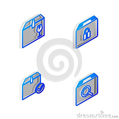 Set Isometric line Locked package, Delivery box with fragile content, Package check mark and Search icon. Vector Vector Illustration