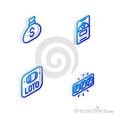 Set Isometric line Lucky wheel on phone, Money bag, Lottery ticket and Slot machine with jackpot icon. Vector Stock Photo