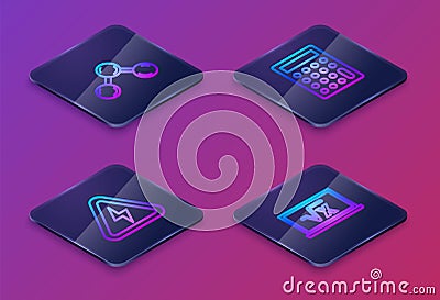 Set Isometric line Molecule, High voltage, Calculator and Square root of x glyph. Blue square button. Vector Vector Illustration