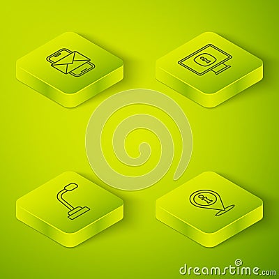 Set Isometric line Monitor with information, Microphone, Location and Mobile and envelope icon. Vector Vector Illustration