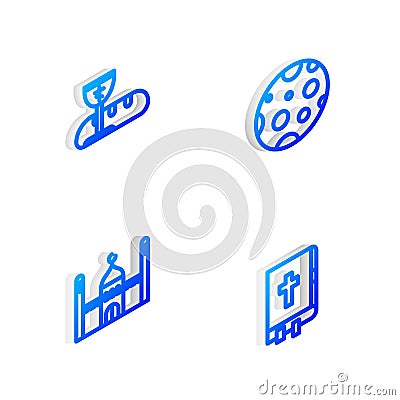 Set Isometric line Moon, First communion symbols, Muslim Mosque and Holy bible book icon. Vector Vector Illustration