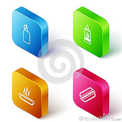 Set Isometric line Mustard bottle, Ketchup, Hotdog sandwich and icon. Vector Stock Photo