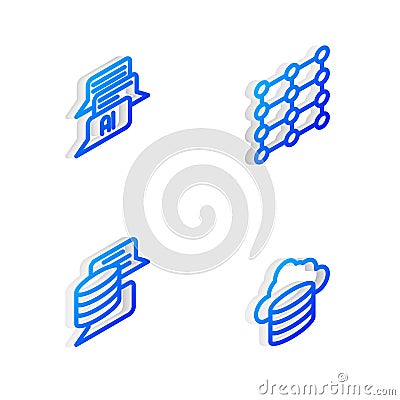 Set Isometric line Neural network, Chat bot, Server, Data and Cloud database icon. Vector Vector Illustration