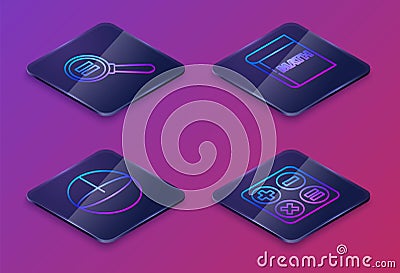 Set Isometric line Paper clip, Calculator, Triangle math and Square root. Blue square button. Vector Vector Illustration