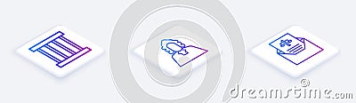 Set Isometric line Prison window, Judge and Subpoena. White square button. Vector Vector Illustration