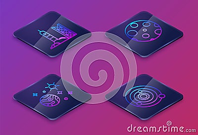 Set Isometric line Rocket launch from the spaceport, Space and planet, Moon and Solar system. Blue square button. Vector Vector Illustration