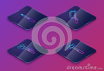 Set Isometric line Screwdriver, Clamp tool, Hacksaw and Claw hammer. Blue square button. Vector Vector Illustration