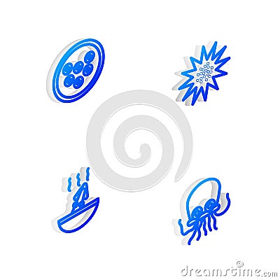 Set Isometric line Sea urchin, Caviar on plate, Soup with octopus and Octopus icon. Vector Vector Illustration