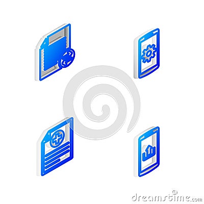 Set Isometric line Setting on smartphone, Transfer files, Clinical record and Smartphone with upload icon. Vector Stock Photo