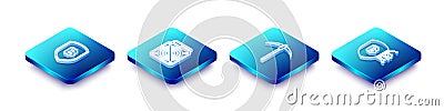 Set Isometric line Shield with bitcoin, ASIC Miner, Pickaxe and icon. Vector Vector Illustration