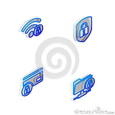 Set Isometric line Shield security with lock, Wifi locked, Credit card and FTP folder and icon. Vector Vector Illustration
