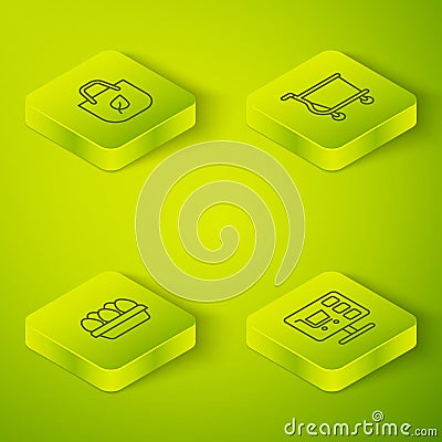 Set Isometric line Shopping cart, Chicken egg box, on computer and bag with recycle icon. Vector Stock Photo