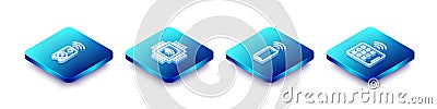 Set Isometric line Smart stereo speaker, Processor with microcircuits CPU, Wireless smartphone and tablet icon. Vector Stock Photo