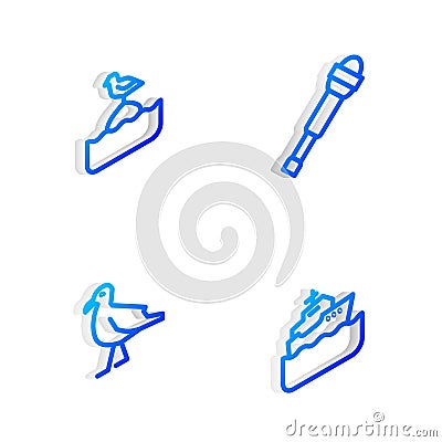 Set Isometric line Spyglass telescope lens, Seagull sits on buoy, Bird seagull and Cruise ship icon. Vector Vector Illustration