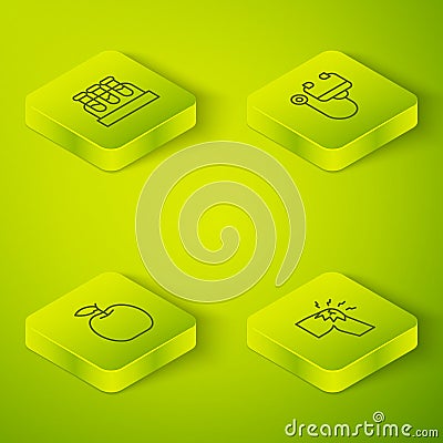 Set Isometric line Stethoscope, Apple, Joint pain, knee pain and Test tube with blood icon. Vector Vector Illustration