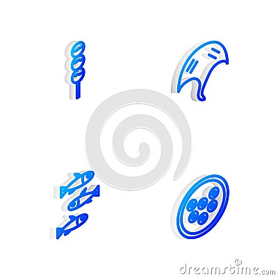 Set Isometric line Stingray, Takoyaki on stick, Fishes and Caviar plate icon. Vector Stock Photo