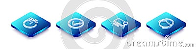 Set Isometric line Stopwatch, Check mark in circle, Computer monitor diagnostics and Man with headset icon. Vector Vector Illustration
