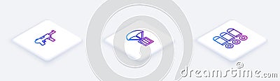 Set Isometric line Submachine gun M3, Airdrop box and Bullet. White square button. Vector Vector Illustration