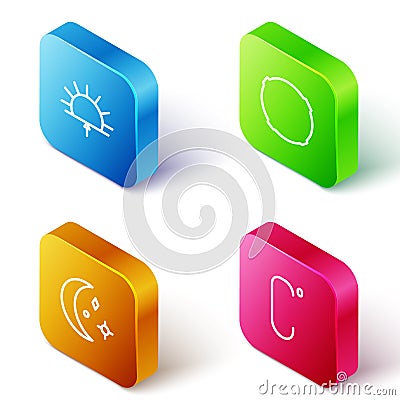 Set Isometric line Sunrise, Moon, and stars and Celsius icon. Vector Stock Photo