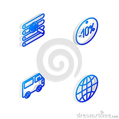 Set Isometric line Ten discount percent tag, Search in browser window, Delivery cargo truck vehicle and Worldwide icon Vector Illustration
