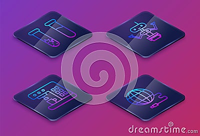 Set Isometric line Test tube and flask, Coffee machine, Robot and Social network. Blue square button. Vector Vector Illustration