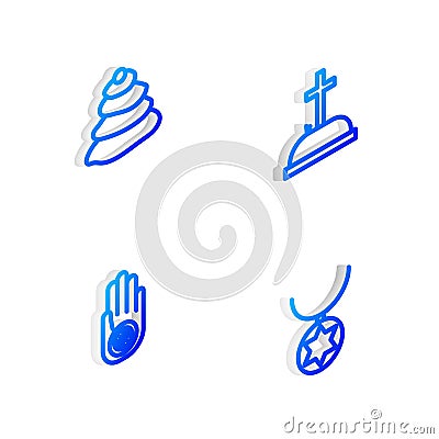 Set Isometric line Tombstone with cross, Stack hot stones, Jainism or Jain Dharma and Star of David necklace chain icon Stock Photo
