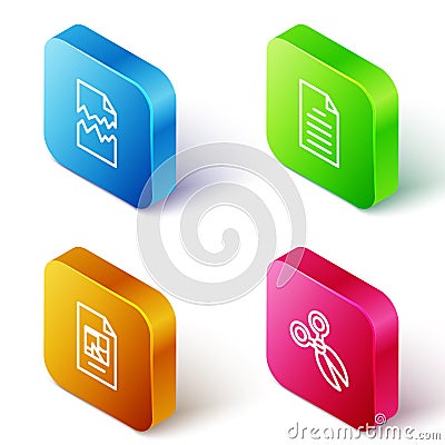 Set Isometric line Torn document, File, and Scissors icon. Vector Vector Illustration