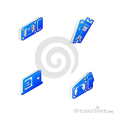 Set Isometric line Train ticket, , Online car sharing and Museum icon. Vector Stock Photo