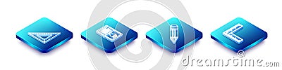 Set Isometric line Triangular ruler, Audio book, Pencil and Folding icon. Vector Vector Illustration