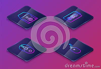 Set Isometric line Uninterruptible power supply, Computer mouse, SSD card and . Blue square button. Vector Vector Illustration