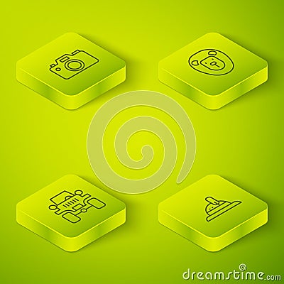 Set Isometric line Wild lion, Off road car, Hunter hat and Photo camera icon. Vector Vector Illustration