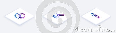 Set Isometric line Wrench and arrows as workflow, Hammer and Trowel. White square button. Vector Vector Illustration