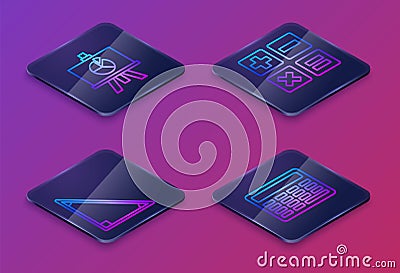 Set Isometric line XYZ Coordinate system, Calendar, Feather and inkwell and Chalkboard. Blue square button. Vector Vector Illustration