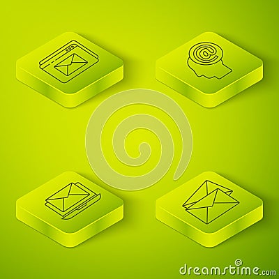 Set Isometric Mail and e-mail, Laptop with envelope, Envelope and Website and envelope icon. Vector Vector Illustration