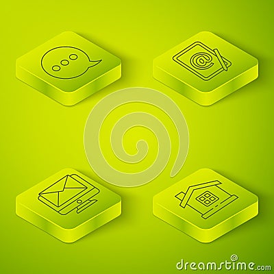 Set Isometric Mail and e-mail, Monitor and envelope, House and Speech bubble chat icon. Vector Vector Illustration