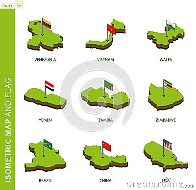 Set of 9 isometric map and flag, 3D vector isometric shape Vector Illustration