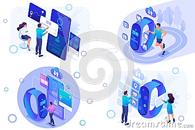 Set isometric mobile application testing concepts for smart watches and fitness wristband. For website and mobile website developm Vector Illustration