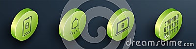 Set Isometric Mobile with closed padlock, Ringing alarm bell, Laptop and lock and Binary code icon. Vector Vector Illustration