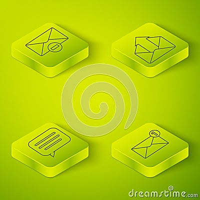 Set Isometric Outgoing mail, Speech bubble chat, Envelope and Delete envelope icon Vector Illustration