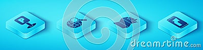 Set Isometric Parking, Magnifying glass with globe, City map navigation and Folded map with push pin icon. Vector. Vector Illustration