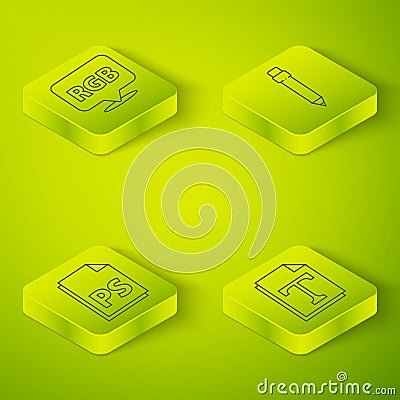 Set Isometric Pencil with eraser, PS File document, Text file document and Speech bubble with RGB and CMYK icon. Vector Vector Illustration