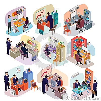 Set of isometric people in business suits in the office. Vector Illustration