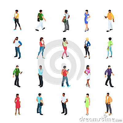 Set of isometric people with different skin color. Vector Illustration
