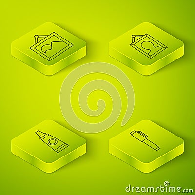Set Isometric Picture, Tube with paint palette, Pen and Picture landscape icon. Vector Vector Illustration