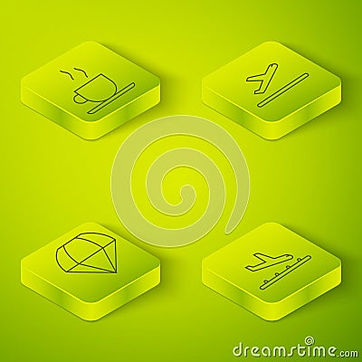 Set Isometric Plane takeoff, Parachute, Plane landing and Coffee cup icon. Vector Vector Illustration