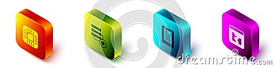 Set Isometric Processor with CPU, Server and gear, Server, Data report and Broken file icon. Vector Vector Illustration