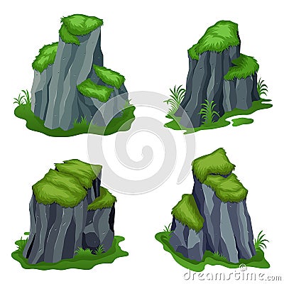 Set of Isometric Rock With Grass In Different Size And Texture Vector Illustration