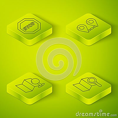 Set Isometric Route location, Folded map with push pin, Search location and Stop sign icon. Vector Vector Illustration