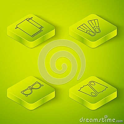 Set Isometric Rubber flippers, Glasses, Rubber flippers and Towel on a hanger icon. Vector Vector Illustration