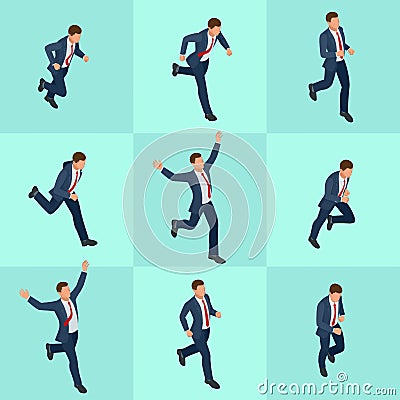 Set isometric running businessman. Businessman Man on white background. Isometric character poses. Cartoon people Vector Illustration
